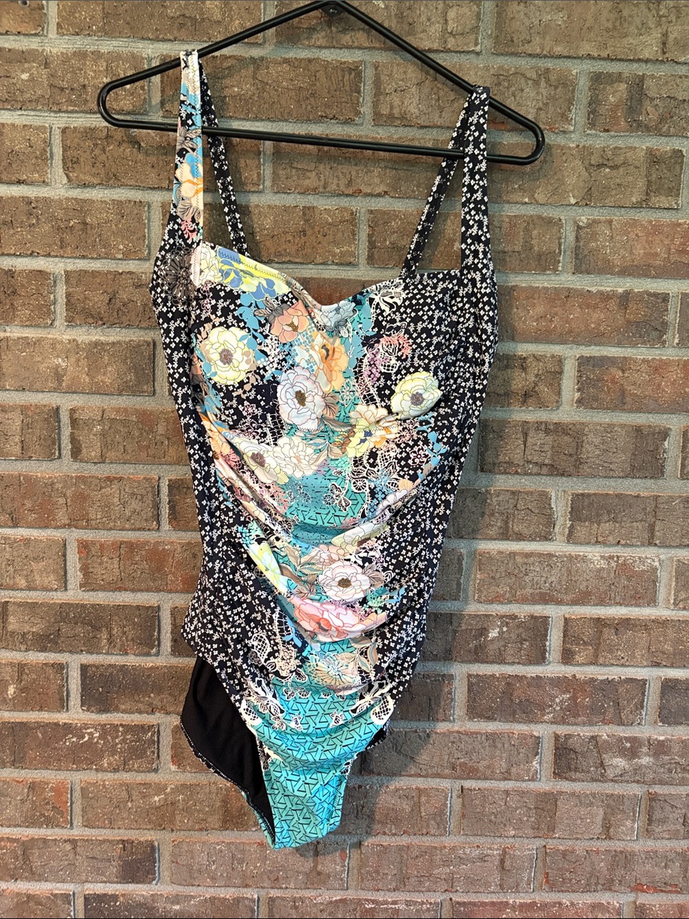 Johnny Was Black Floral One-Piece Swimsuit with Aqua & Pastel Accents